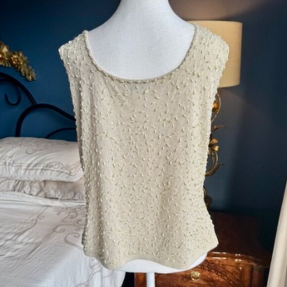 Vintage Cream Knit Tank w Embroidered Pearls and Sequins - Picture 8 of 14
